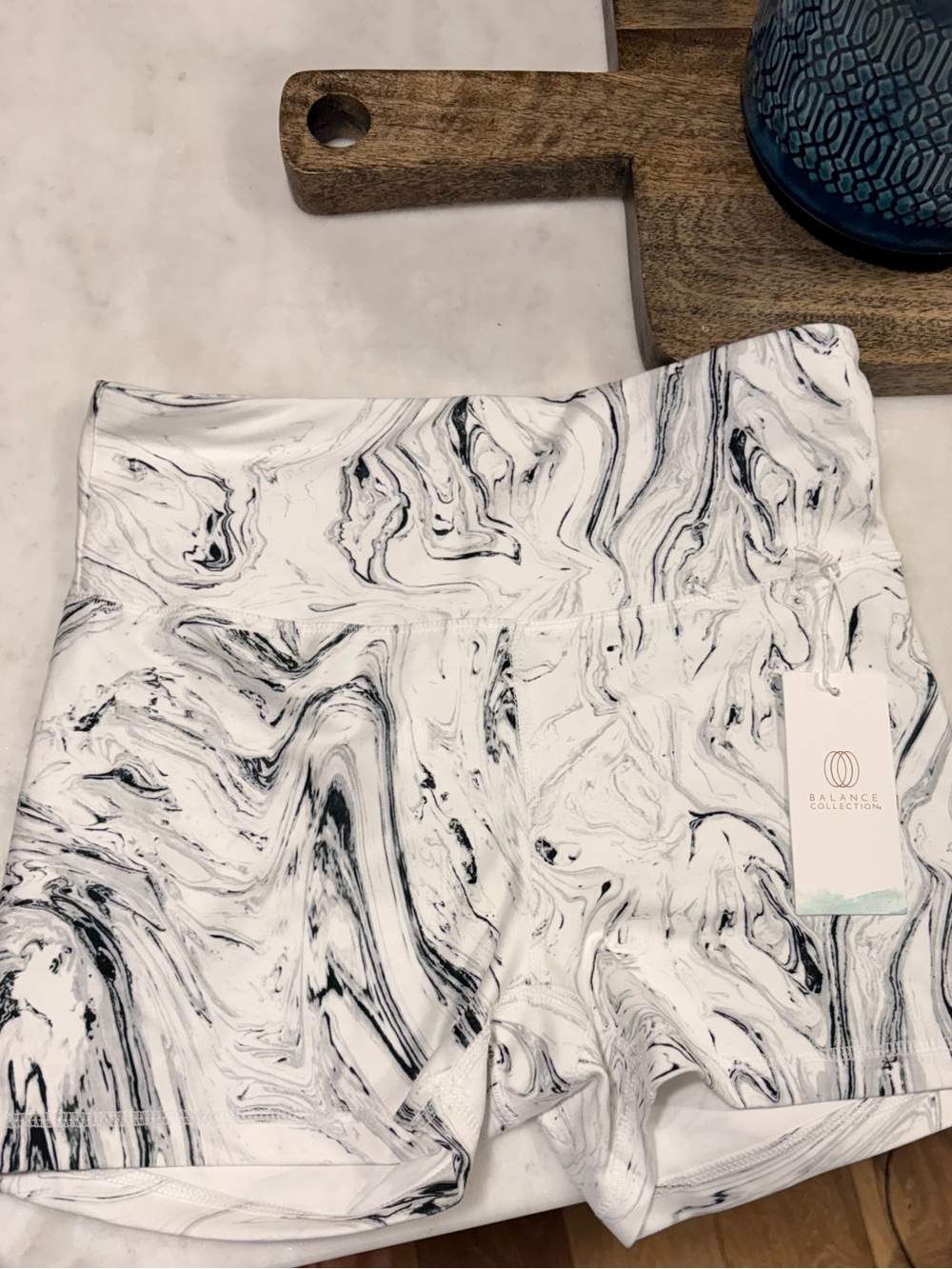 Balance Collection White and Black Marble-Print High-Rise Bike Shorts